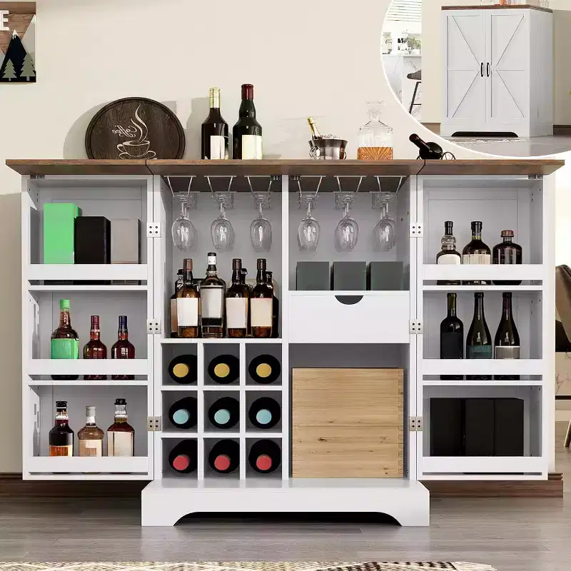 61" Farmhouse Bar Cabinet with 9 Wine Racks & Foldable Top �C Rustic White