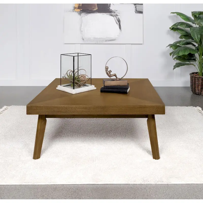 Square Walnut Finish Coffee Table with Parquet Top and Angled Legs