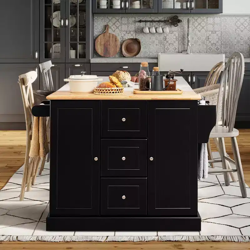 Black/White Rolling Kitchen Island Cart with 3 Drawers & 2 Cabinets, 1-Person Use