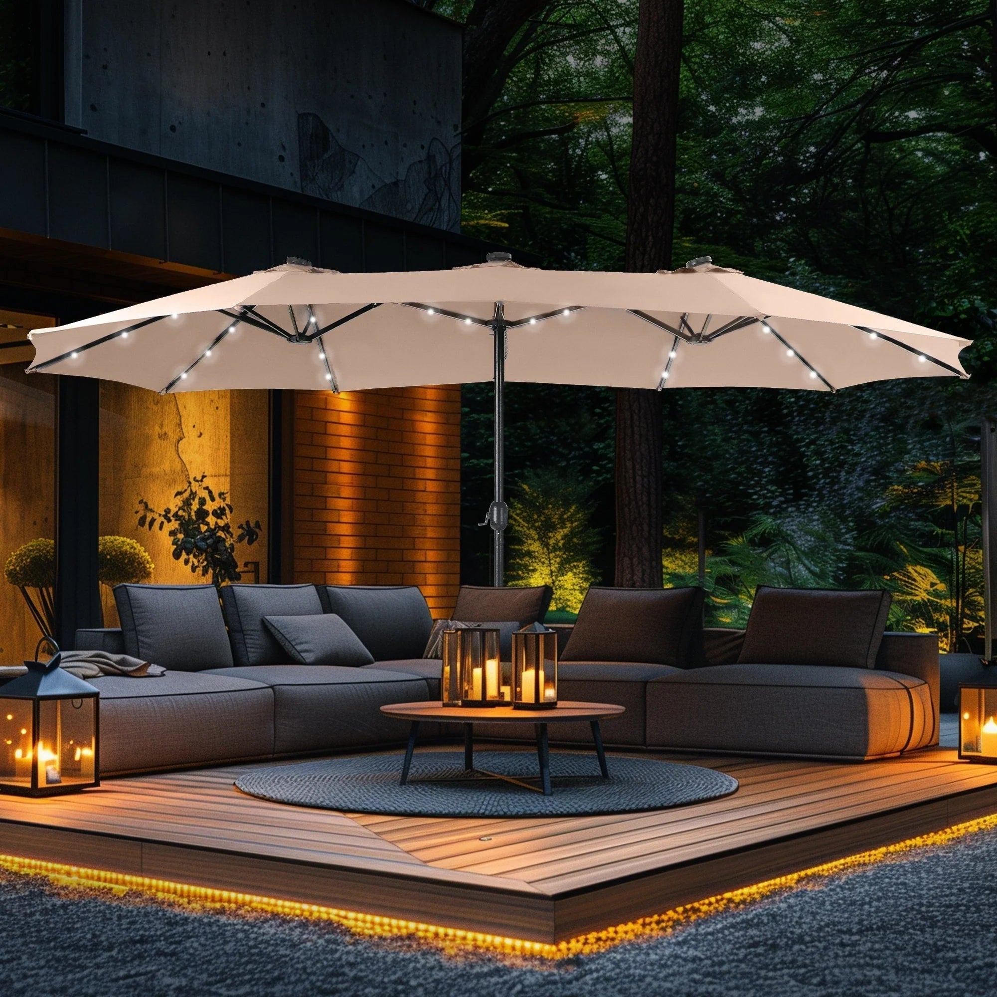 15-foot Rectangular Crank Double-sided Outdoor Market Umbrella Solar LED Lighted Patio Umbrella with Base Included