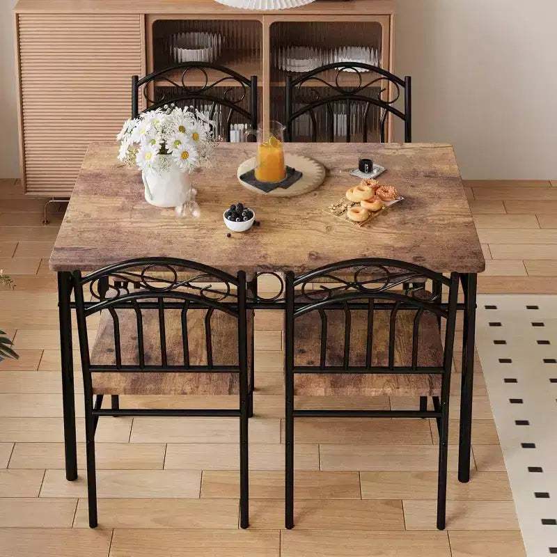 Dining Table Set of 4, Retro Industrial Dining Table & Chairs, Kitchen Table and Chairs, 5 Pieces Dining Room Table Set, for Dining Room, Brown