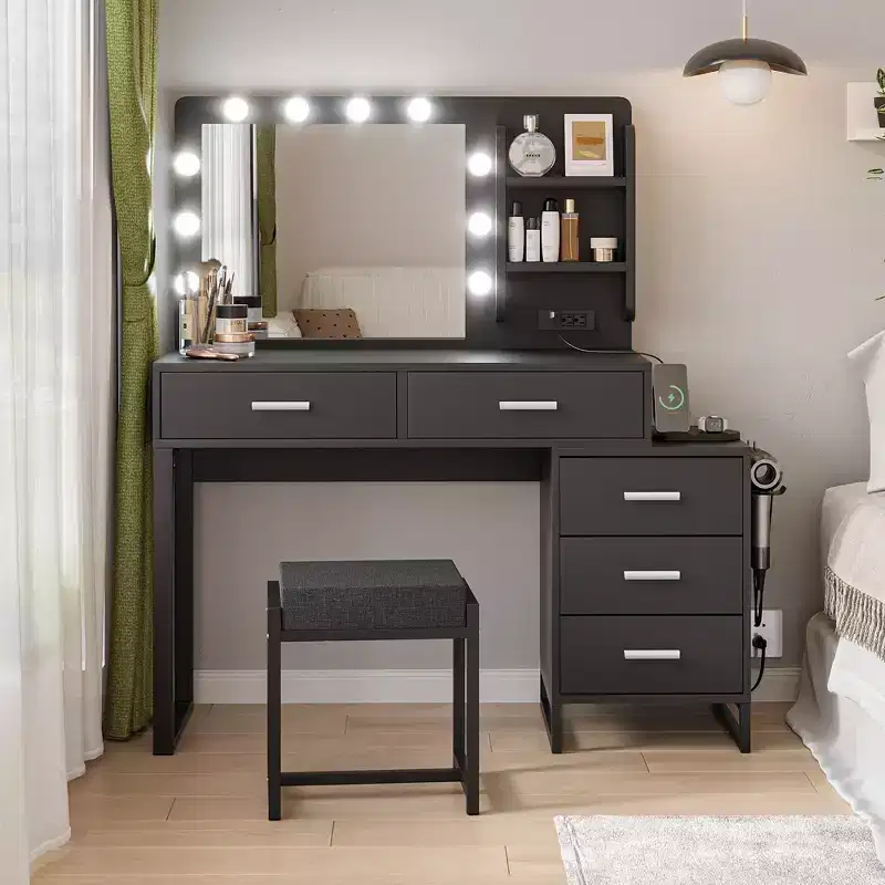 47 Vanity Desk with Large Mirror, Dressing Table with Charging Station, Makeup Vanity with 5 Drawers and Cabinet for Bedroom