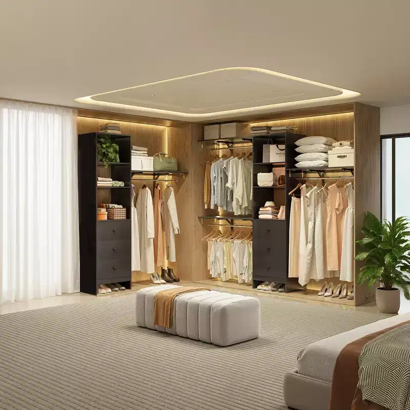 Black 96x16x75 High-Capacity Wardrobe Rack - 3 Drawers, Shelves, Expandable Rods, Stylish & Durable