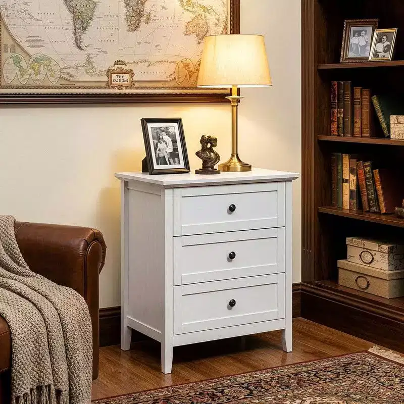 White 3-Drawer Nightstand with USB & Type-C Charging Outlets