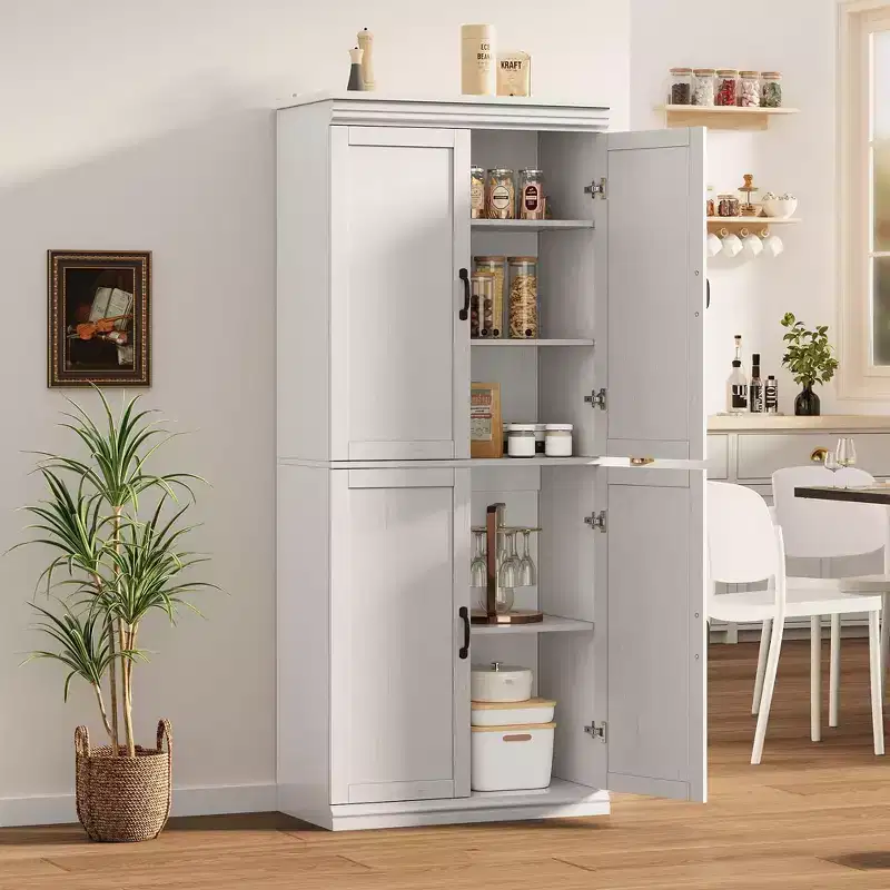 Antique White / Gray Freestanding 4-Door Pantry Cabinet, 70 Tall Storage Cupboard