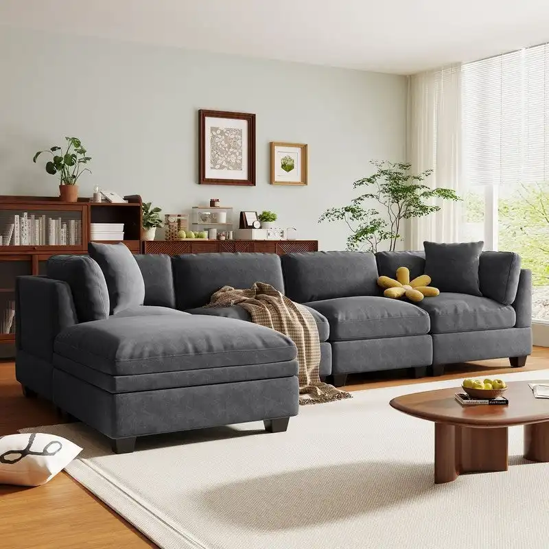 Modular Sofa with Removable Storage Ottoman, 2 Hidden Cup Holders