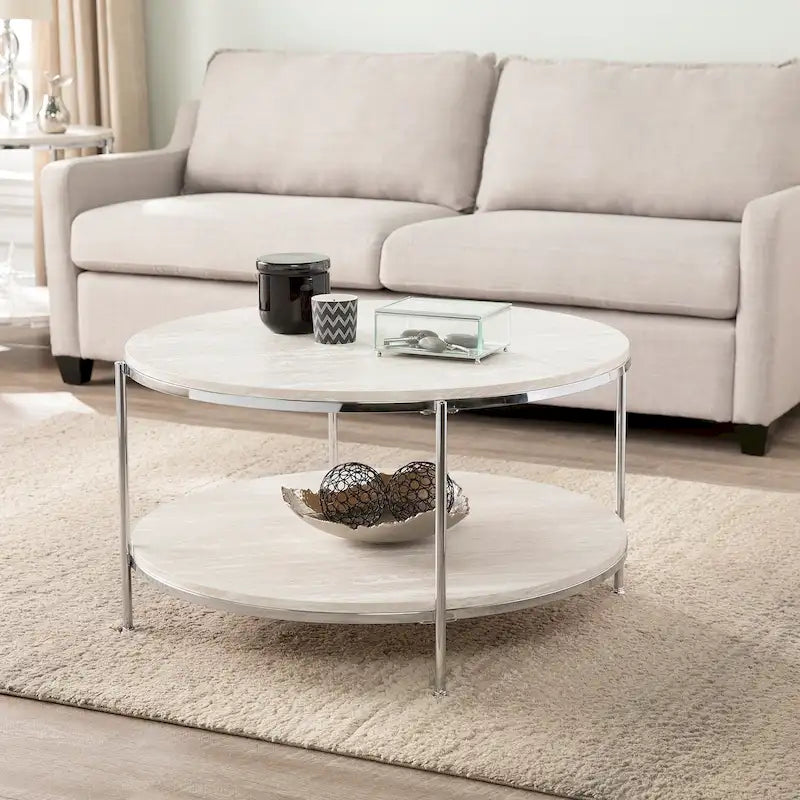 SEI Furniture Henderson Modern Faux Marble Round Coffee Table with Bottom Shelf