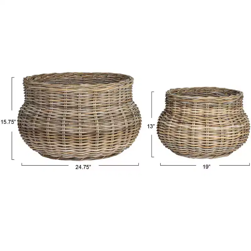 Storied Home Round Hand-Woven Rattan Round Planters, Grey, Set of 2
