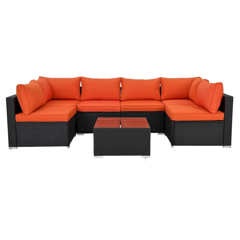 Black 7-Piece Wicker Outdoor Sectional Set Patio Sofa Set with Orange Cushions and Coffee Table