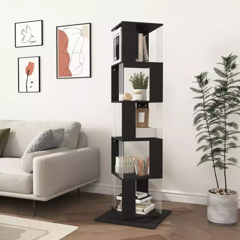 360 Rotating 5-Tier Floor-Standing Minimalist Bookcase Black Acrylic Modern Bookshelf