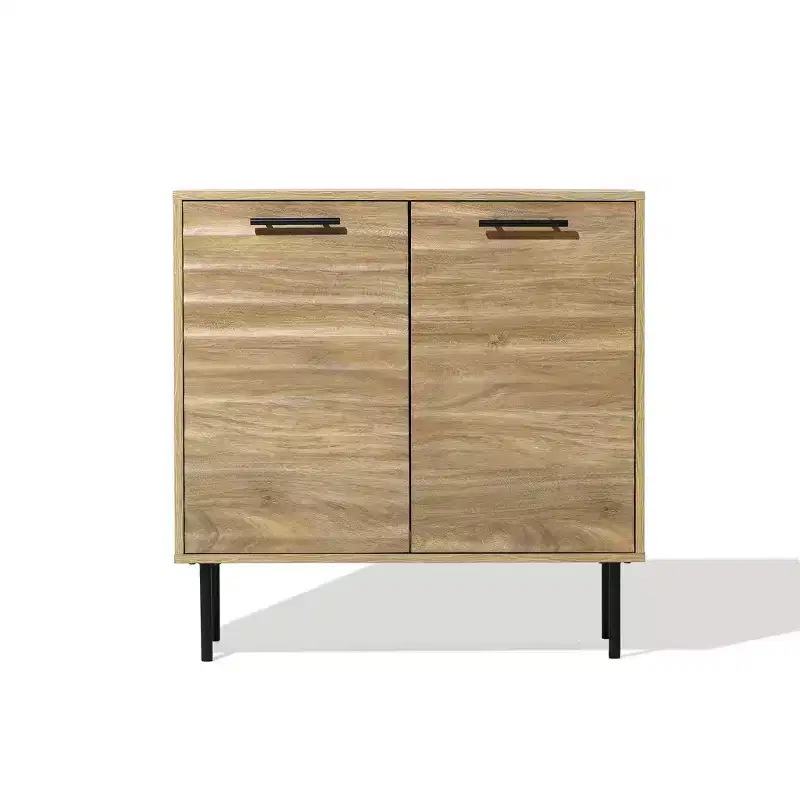 Mid-Century Modern Wave 2-Door Cabinet with Metal Legs, Natural, 31.5"