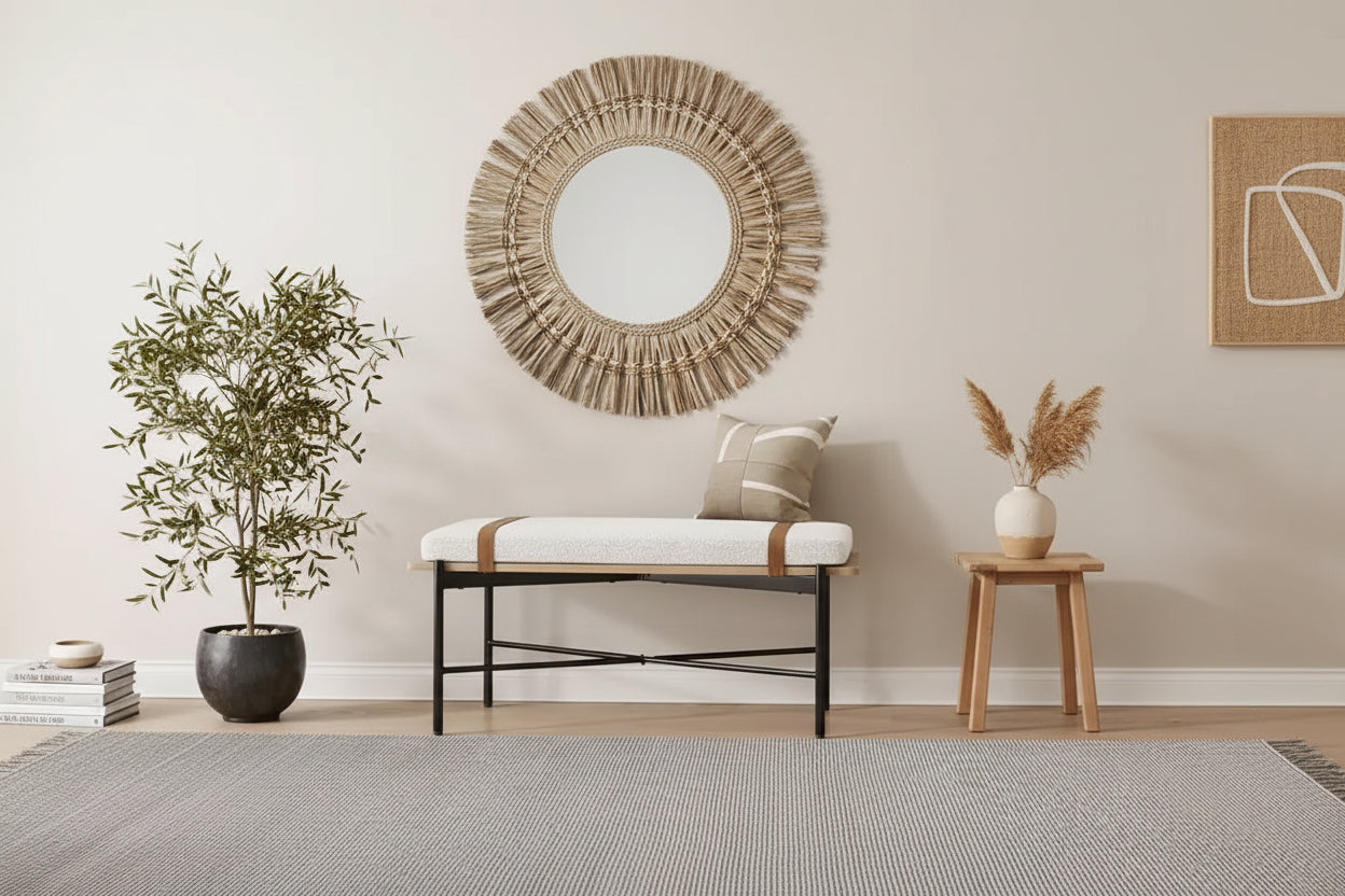 Entryway Bench �C Removable Boucle Cushion, Vegan Leather Straps, Curved Edge