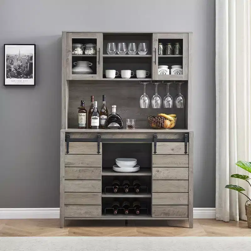 177,8 cm Farmhouse Coffee Bar Cabinet �C Sliding Barn Door, Wine Rack & Glass Holder, Gray