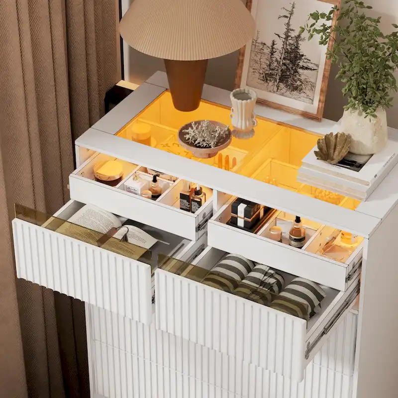 PAKASEPT Fluted 5 Drawers Dresser, Tall Modern Chest of Drawers with Glass Tabletop