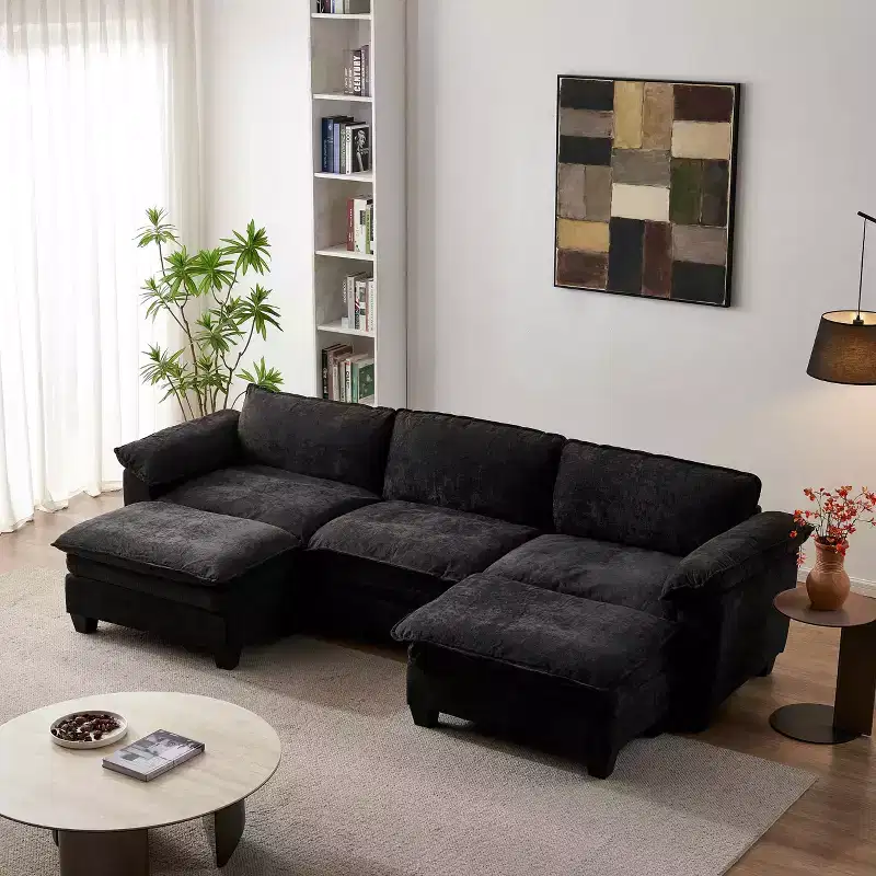 MAYEERTY Modern Luxury Sofa with Two Ottomans Soft Chenille Upholstered Sofa for Living Room Black