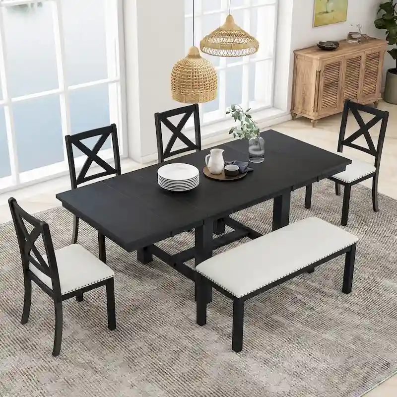 Black 6-Piece Wooden Dining Table Set with Extendable Table & 4 Chairs & Bench