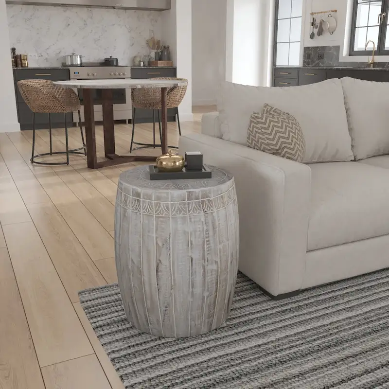 Side End Table with 16 Inch Round Top, In Antique White Mango Wood