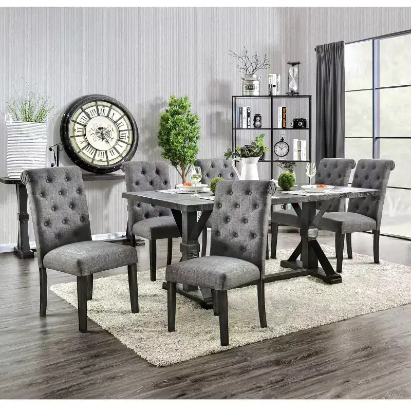 HOMES: Inside + Out 7pc Hepburn Dining Set Antique Black/Gray : Rectangle Table, 6 Upholstered Chairs