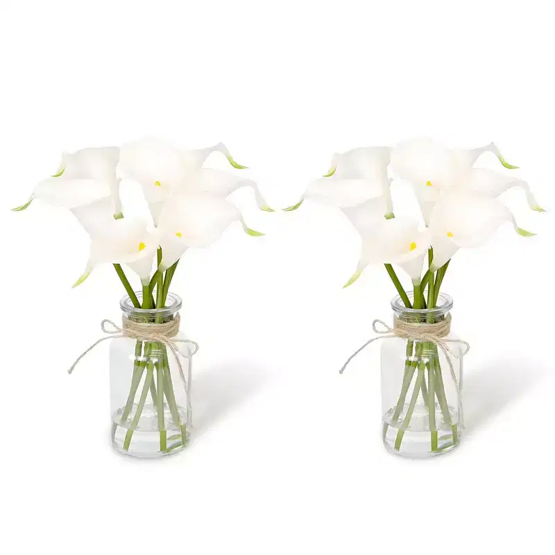 2PCS Calla Lily Artificial Flowers in Glass Vase with Faux Water, 6 Pcs Real Touch Latex Fake Flowers for Dining Table Decor, Wedding Centerpieces