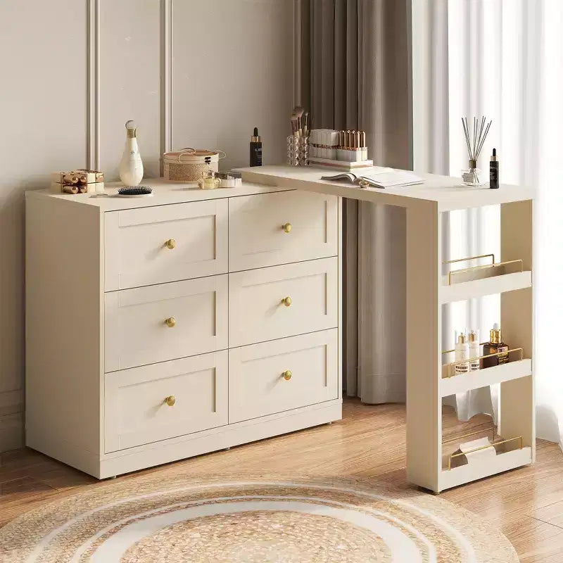 Heynemo 6-Drawer Extendable Corner Vanity Table and Dresser Combo with 3 Side Shelves, Makeup Vanity Desk, Wood Dressing Table for Bedroom