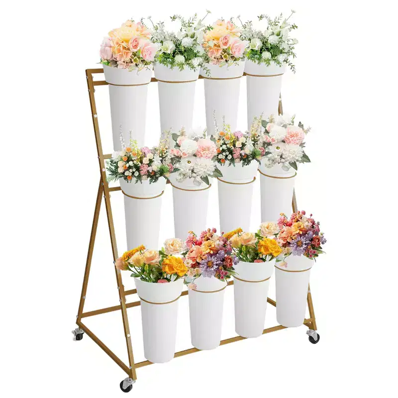 Flower Display Stand,3 Tier Flower Cart with 12 Round Buckets and Wheels, Moving Flower Cart Display Stand