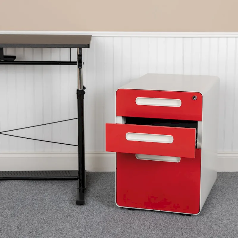 3-Drawer Mobile Locking Filing Cabinet with Casters White Red