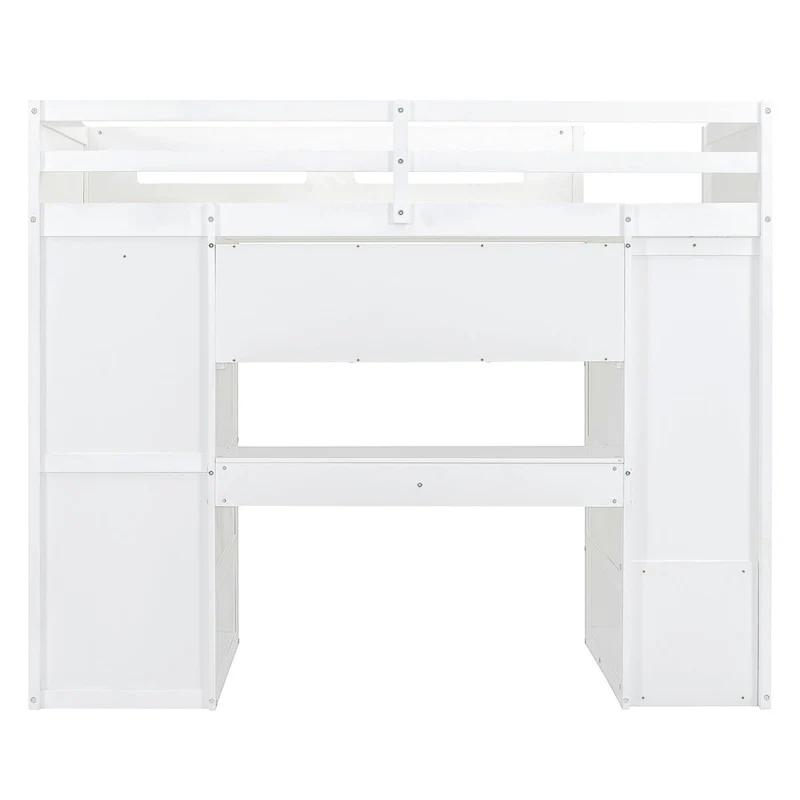 White Twin Size Solid Wood Loft Bed with Desk, Wardrobes and Drawers
