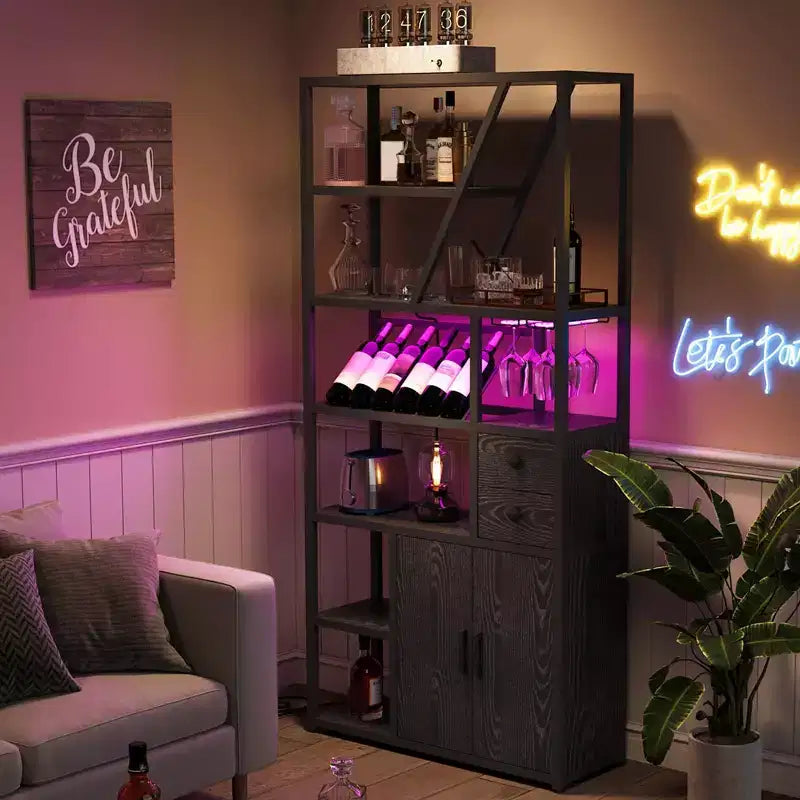 Wine Bar Cabinet, Tall Coffee Bar Station, Microwave Stand with Storage, Farmhouse Coffee Bar Cabinet Station with Wine Rack, Goblet Holder