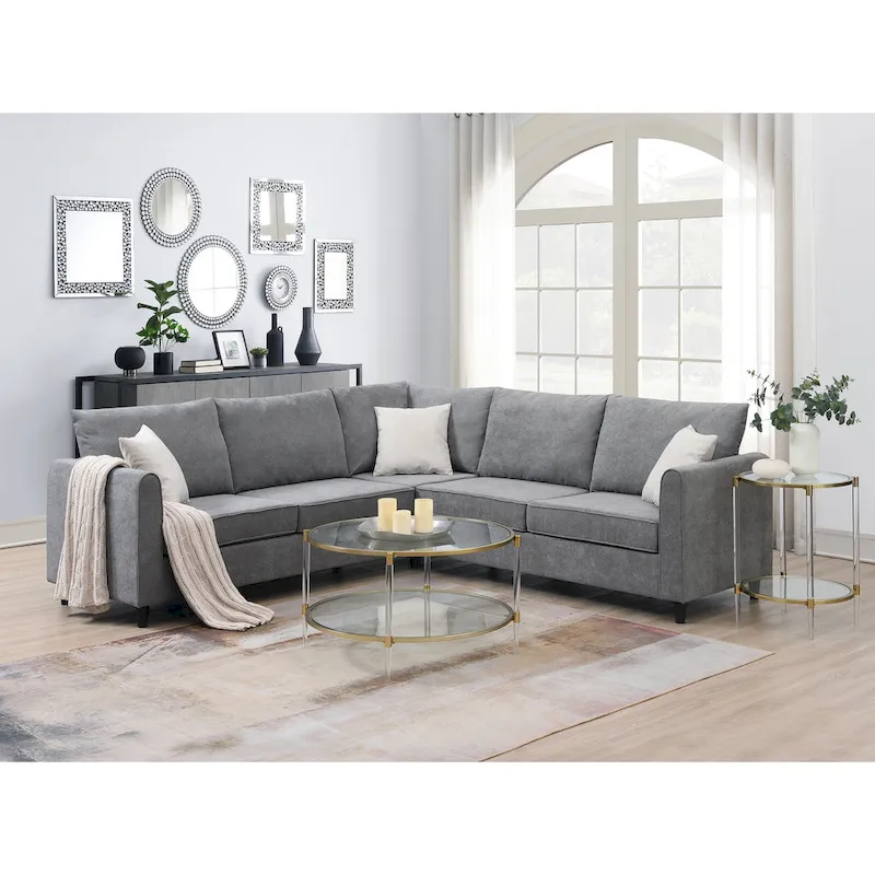 L-Shape Sectional Sofa with 3 Pillows, Gray Polyester Upholstery, 91