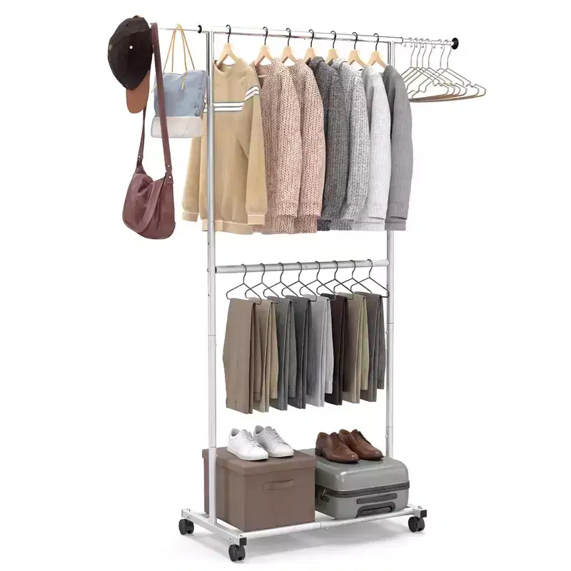 Extendable Garment Rack with Rolling Casters - Metal Clothes Stand for Bedroom & Dressing Room