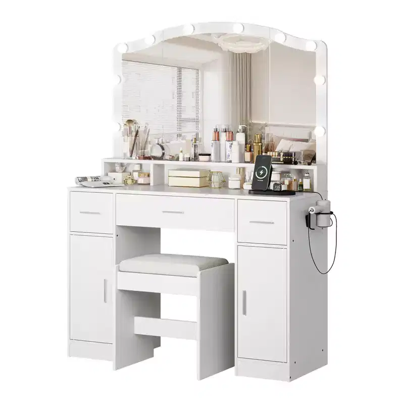 Acekool Makeup Vanity Desk with LED Mirror, 5-Drawer Dressing Table for Bedroom, Modern Vanity Station with Storage, Ideal for Makeup and Beauty