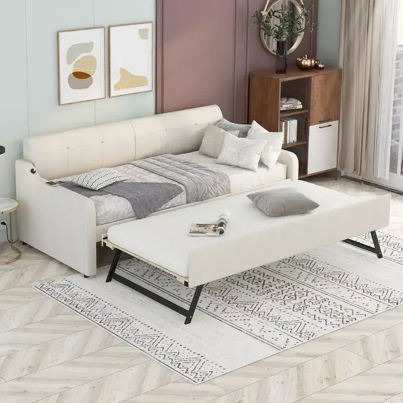 Twin Size Upholstered Daybed with Trundle and USB Charging Design, Trundle can be Flat or Erected