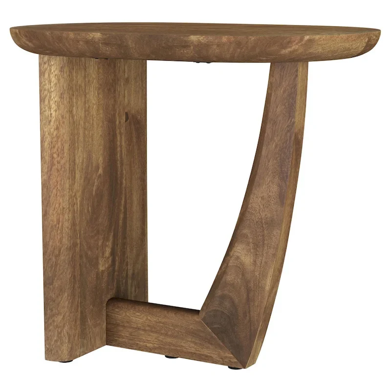 Brown Mango Wood Round Top Side End Table with L-Shaped Base