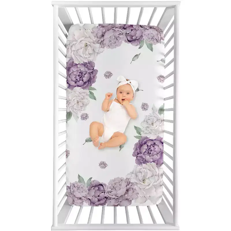 Sweet Jojo Designs Girl Photo Op Fitted Crib Sheet Peony Floral Garden Purple Ivory