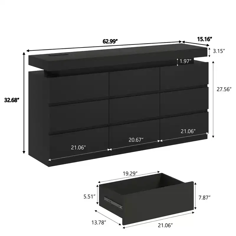 Dyonery Modern 9-Drawer Dressing Table with Sliding Top, Featuring Drawers, Organizer for Bedroom, Closet, and Living Room