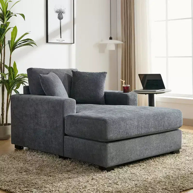Oversized Chenille Chaise Lounger Sofa with Charge Station & Cup Holders