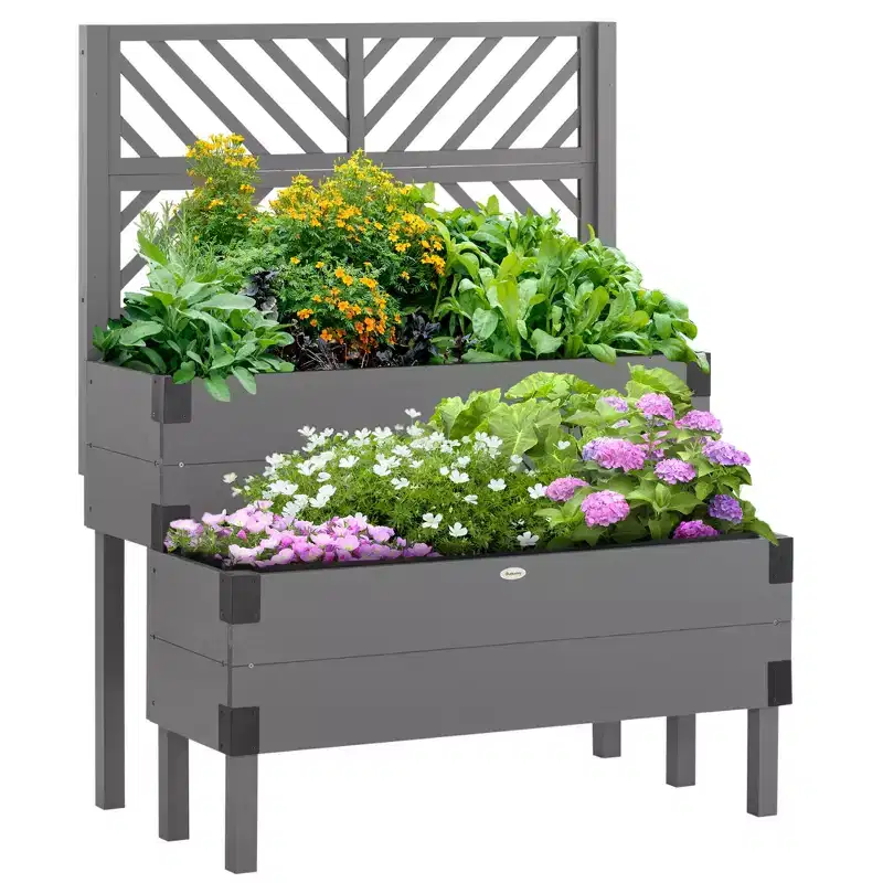 Okak 2-Tier Wooden Raised Garden Beds with Trellis, Elevated Outdoor Planter with Metal Corners, Planter Box for Backyard, Garden, Patio