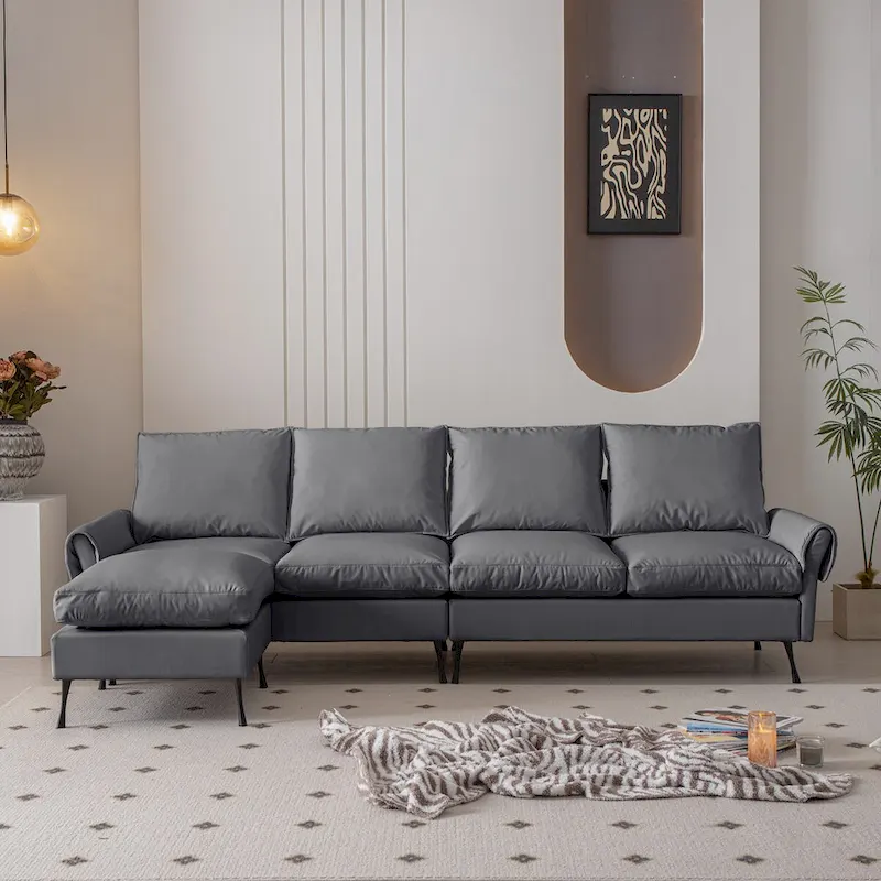 Modern Faux Leather L-Shaped Sofa with Convertible Ottoman