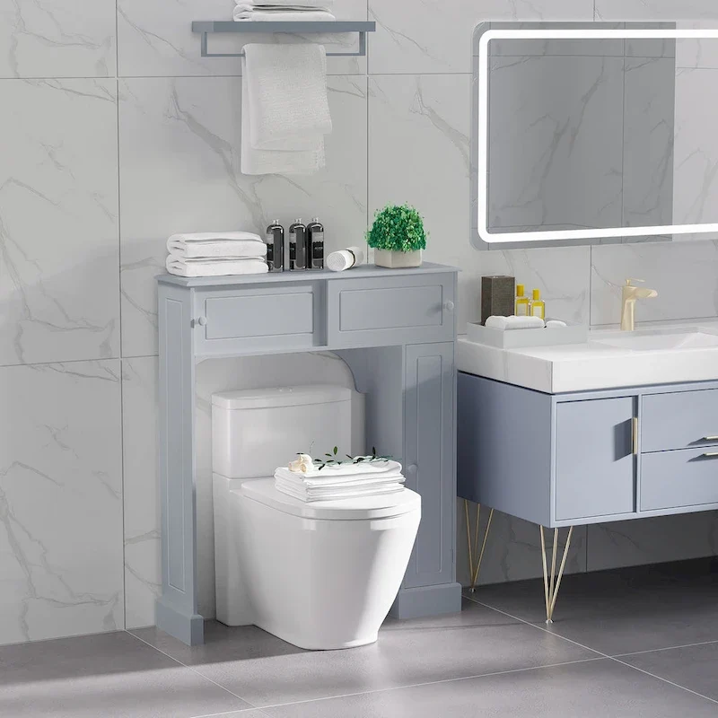 Grey Over-Toilet Bathroom Storage Cabinet with Sliding Doors and Adjustable Shelves
