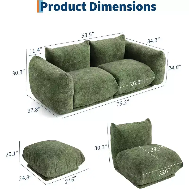 Modular Sofa Set, Chenille Cloud Couch, Deep Seat Boneless Couch for Living Room, Small Space,Green