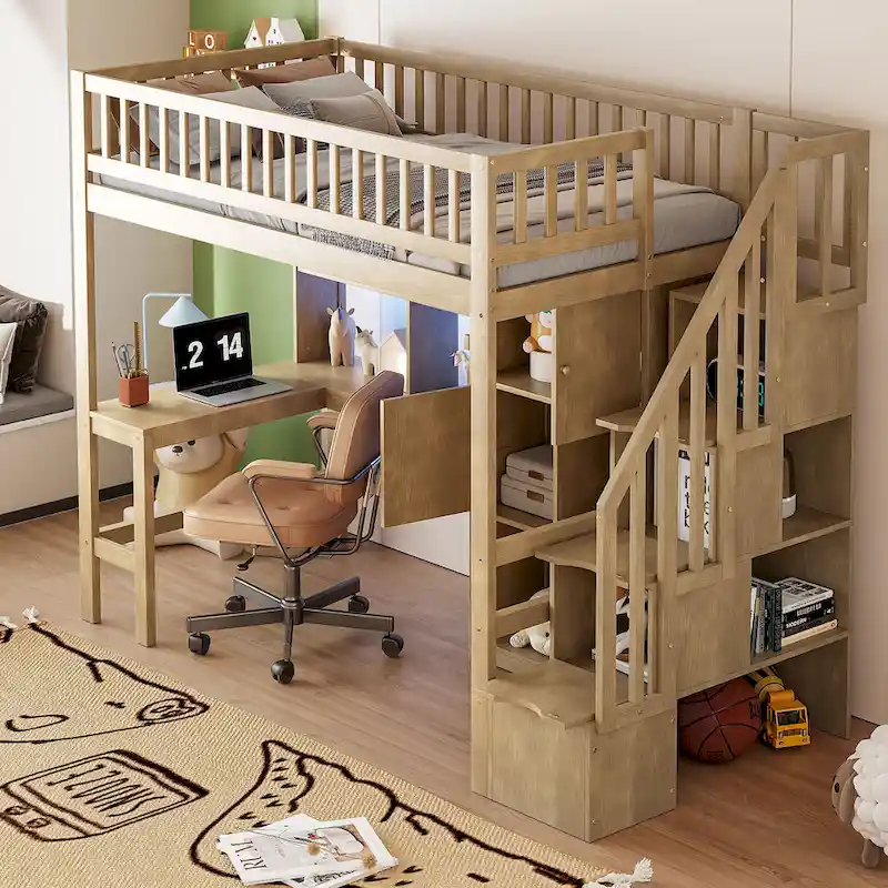 Solid Wood Loft Bed with Built-in Desk and LED, Twin Size Frame with Storage Shelves, Cabinets & Storage Staircase for Kids