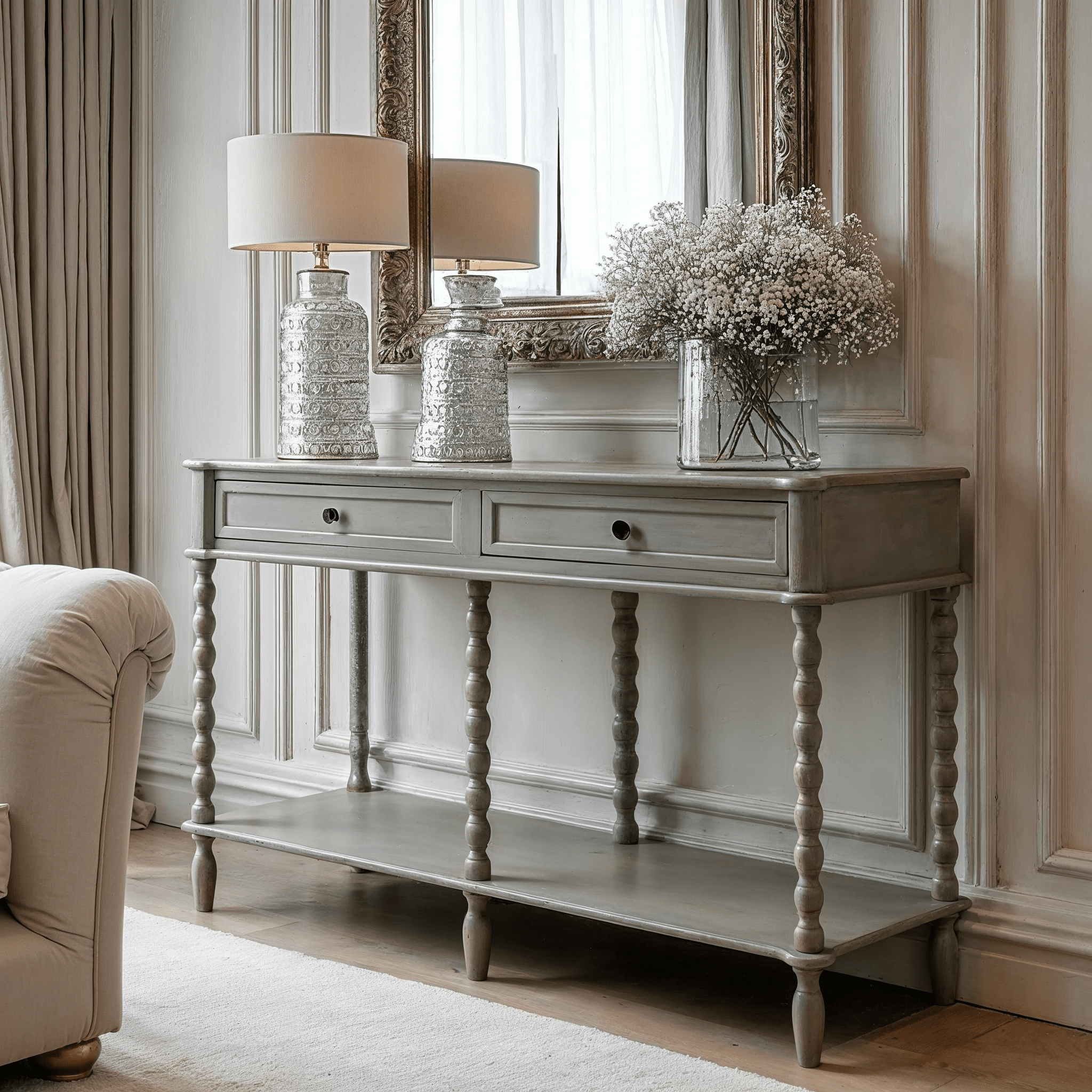 Grey Large 2 Drawer Console Table with Leg Detailing
