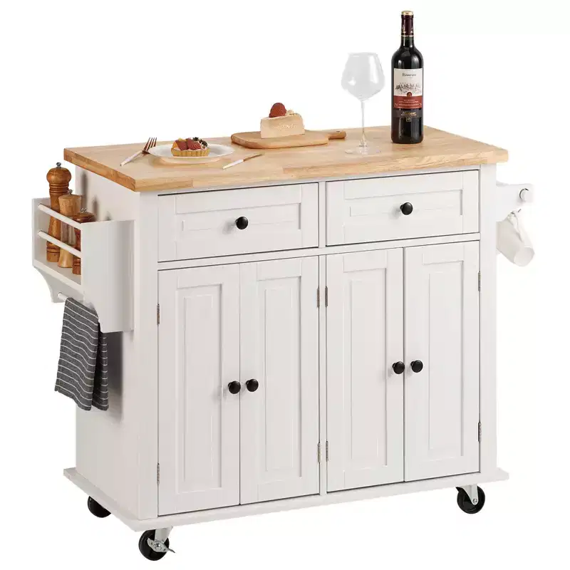 Rolling Kitchen Island Cart with Solid Wood Top Storage Cabinet Drawer Spice Rack and Towel Bar