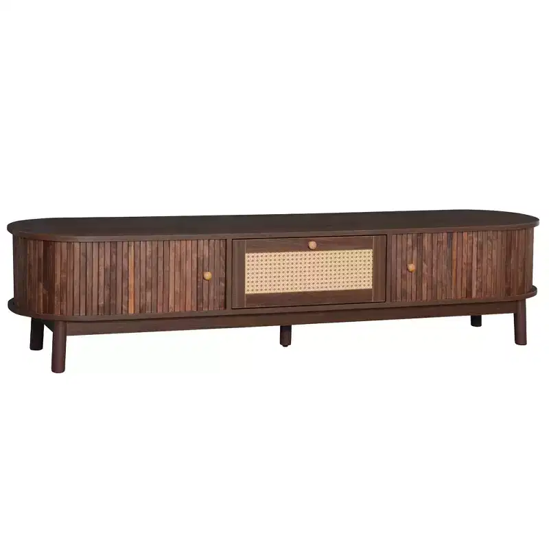 Modern TV Cabinet for 75-Inch, Media Console with Rattan Drawer Front, 1 Drawer, 2 Sliding Door Cabinets, for Living Room