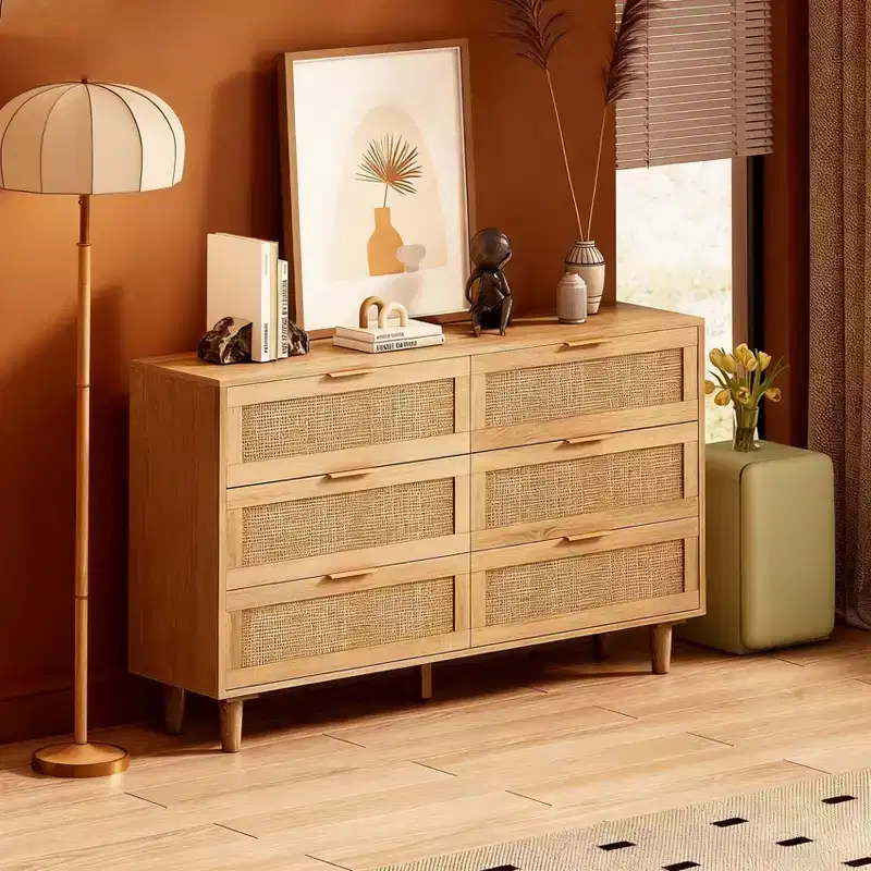 Natural Rattan Storage Cabinet with 6 Drawers, Freestanding Dresser for Bedroom & Living Room, Particle Board, 51.18