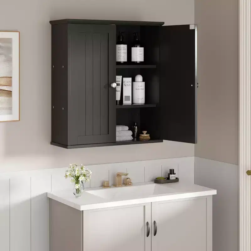 Celebalcony Wooden Wall Cabinet, Water-Resistant Medicine Storage with 2 Door for Bathroom & Kitchen, Space Saving Storage with 3-Tier Shelves