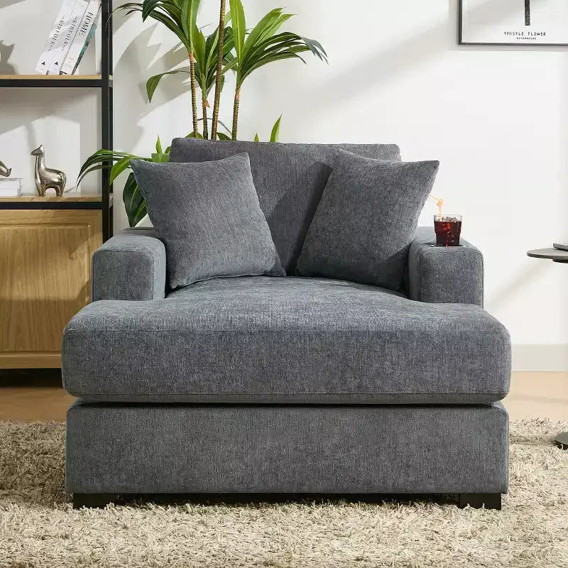 Oversized Chenille Chaise Lounger Sofa with Charge Station & Cup Holders