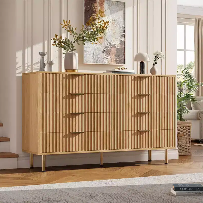 Dresser, 8 Drawer 55 Wide Modern Wooden Chest of Drawers with Metal Handles, Natural