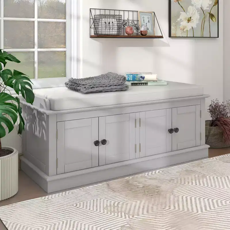 TUYOHW 43 Modern Storage Bench with 4 Doors Upholstered Shoe Storage Bench with Adjustable Shelves Entryway Bench for Living Room, Hallway