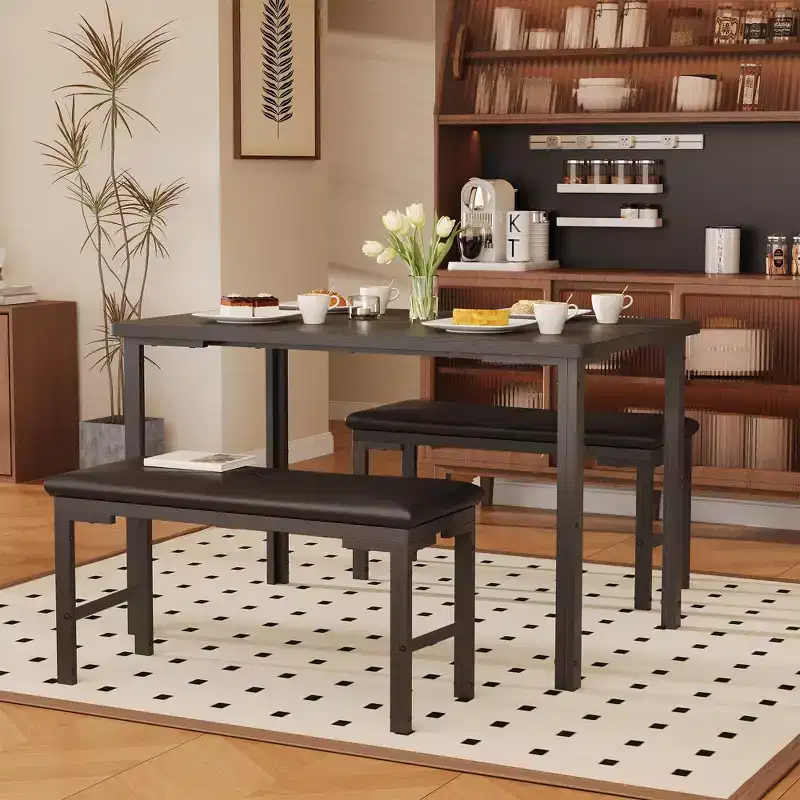 Dining Table Set for 4, 3-Piece Kitchen Table w2 Upholstered Benches, Space-Saving Dining Room Set for Breakfast Nook and Small Spaces,Outdoor Indoor